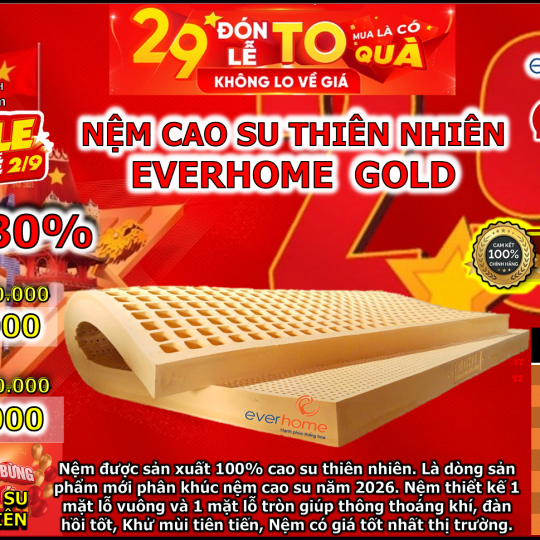 Nệm Cao Su Thiên Nhiên 100% Everhome Gold